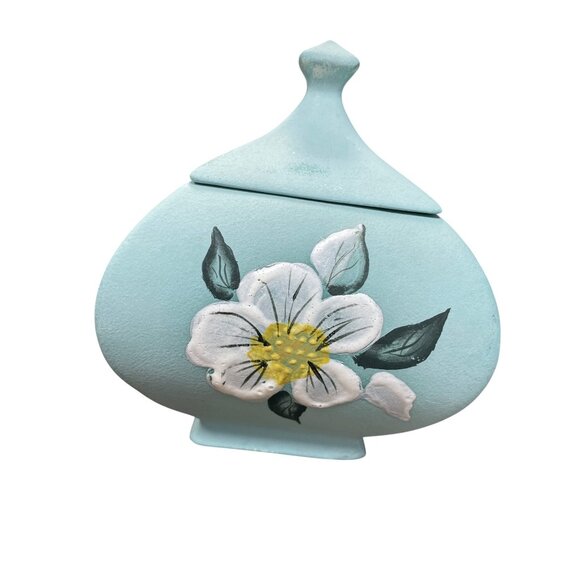 Hand-Painted David Fulmer green white Ceramic Floral Lidded Jar Vase SKU 9312 - Picture 10 of 10